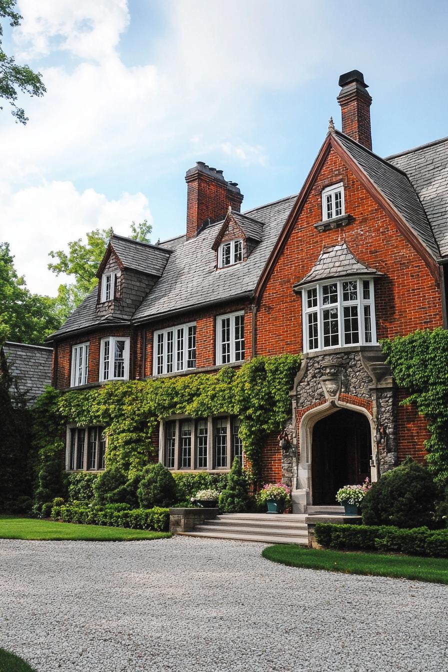 English dark red brick manor with white windows grey stone shingle roof facade with vines gravel and lawn front yard 1