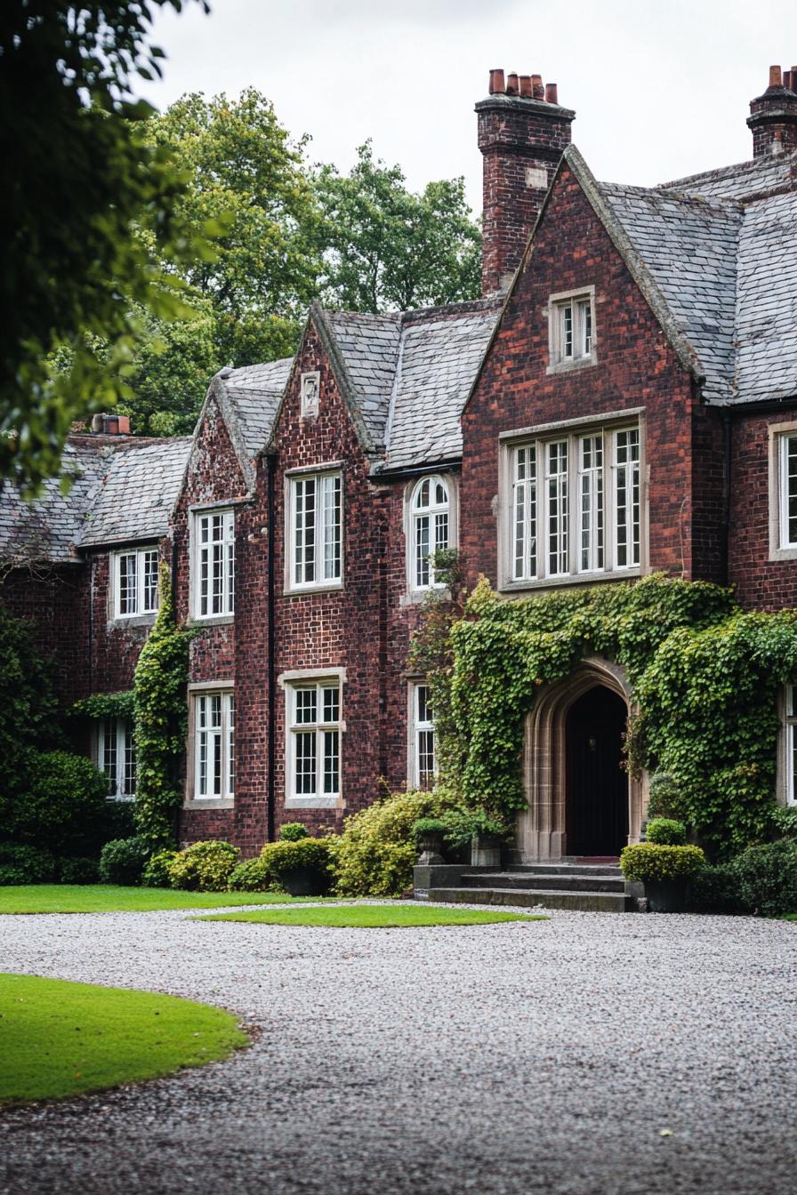 English dark red brick manor with white windows grey stone shingle roof facade with vines gravel and lawn front yard 2