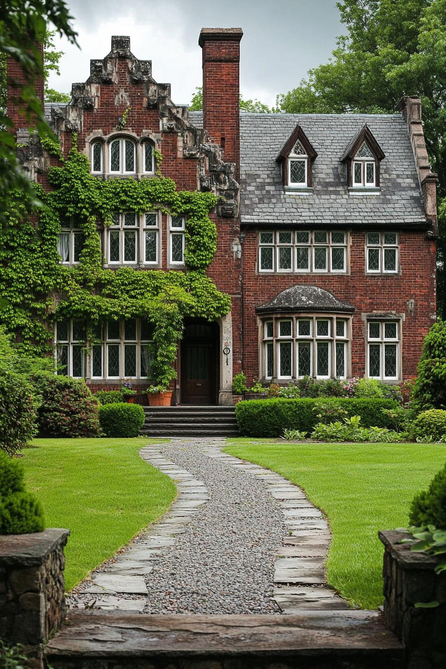 English dark red brick manor with white windows grey stone shingle roof facade with vines gravel and lawn front yard