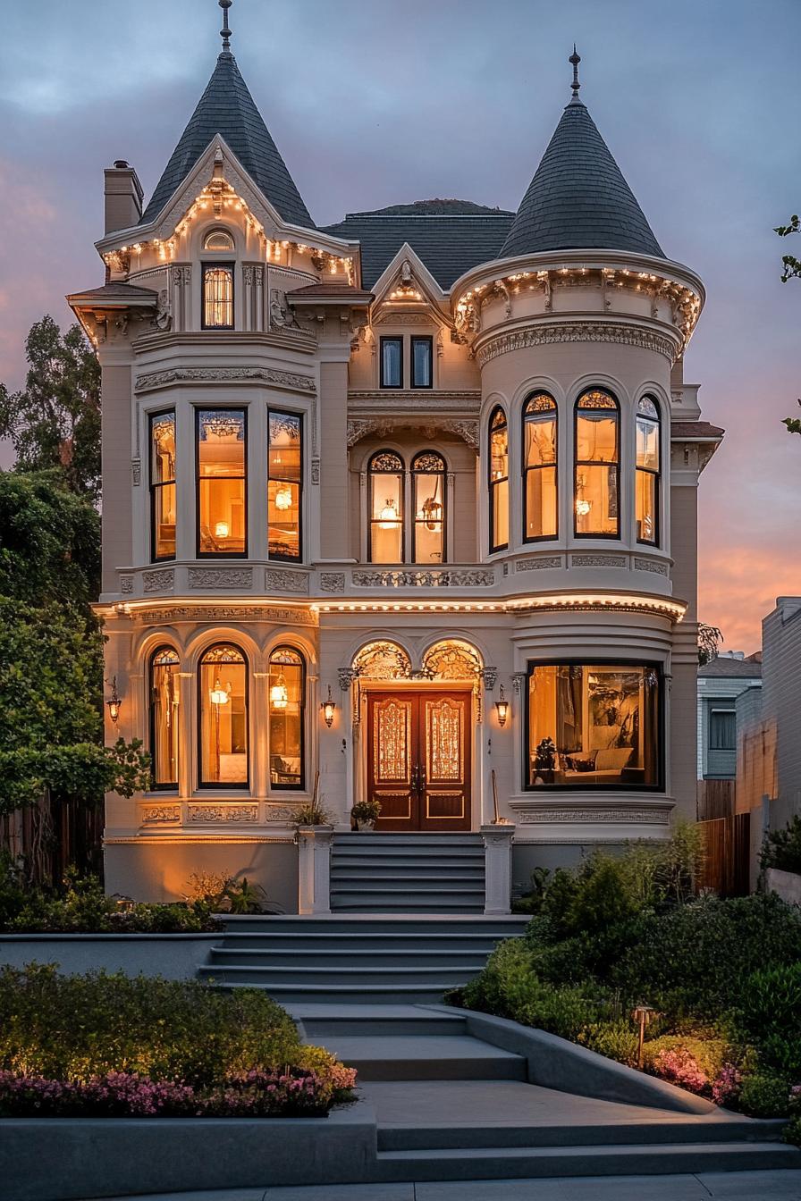 Victorian mansion with a tall turret arched windows facade with ornate detailing LED lighting dusk scene 1