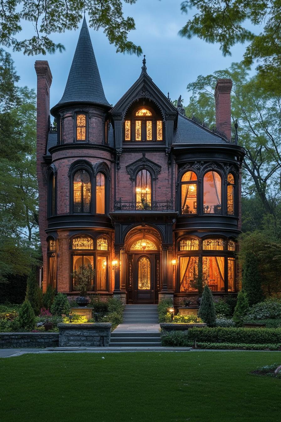 Victorian mansion with a tall turret arched windows facade with ornate detailing LED lighting dusk scene 2