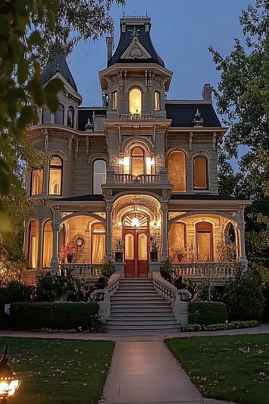 Victorian mansion with a tall turret arched windows facade with ornate detailing LED lighting dusk scene 3