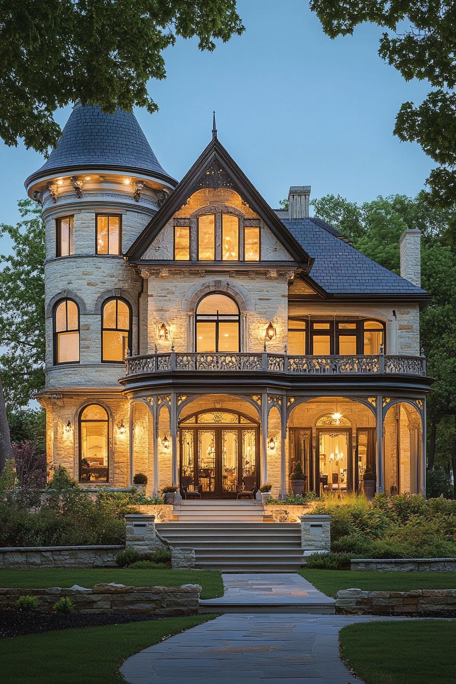 Victorian mansion with a tall turret arched windows facade with ornate detailing LED lighting dusk scene