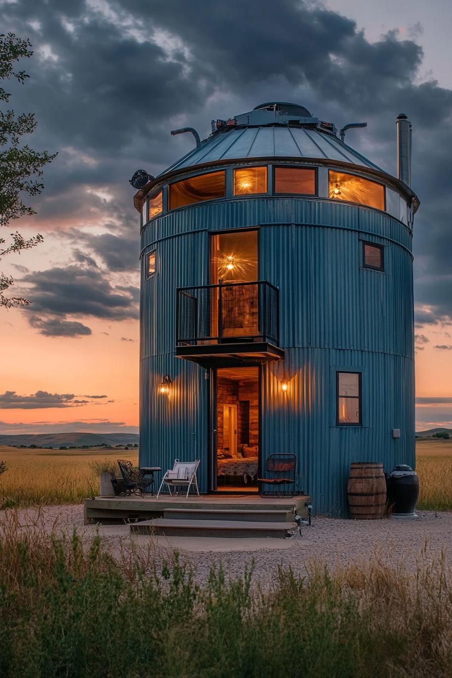 a cabin made of grain silo it has big modern windows and entrance a small patio scenic fields during sunset 1