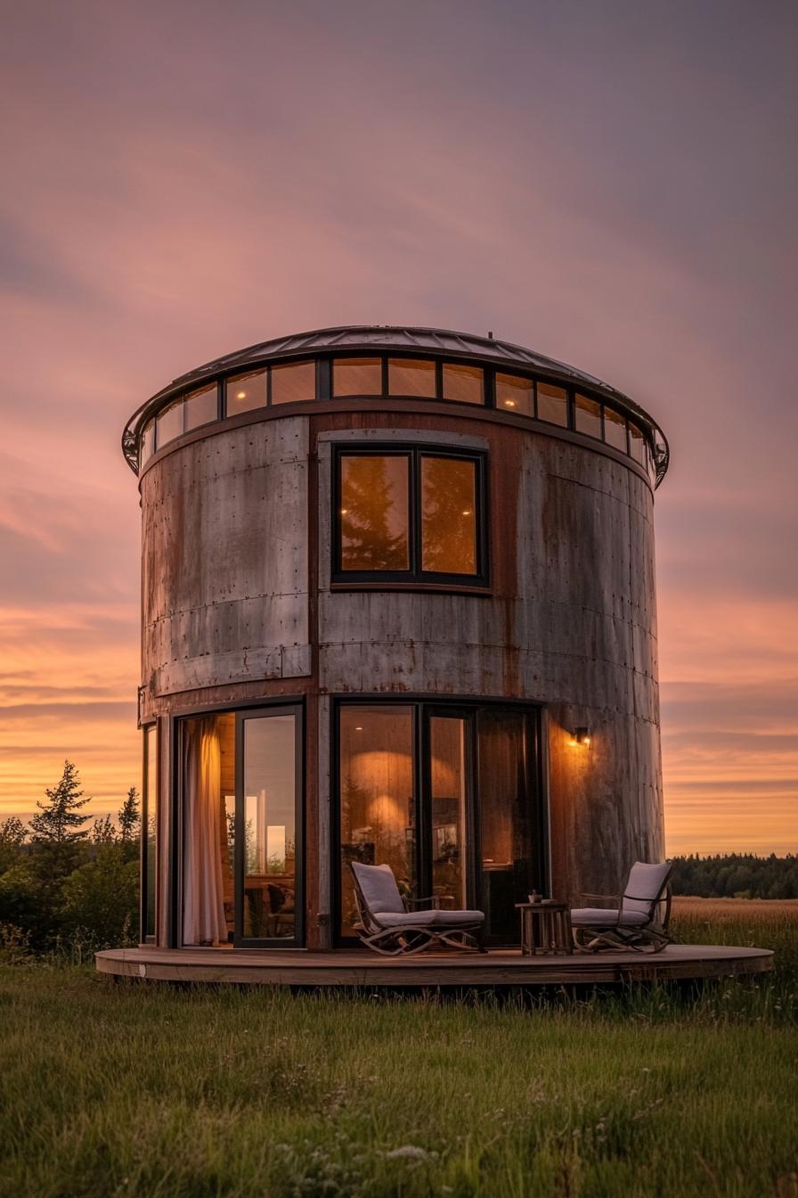 a cabin made of grain silo it has big modern windows and entrance a small patio scenic fields during sunset