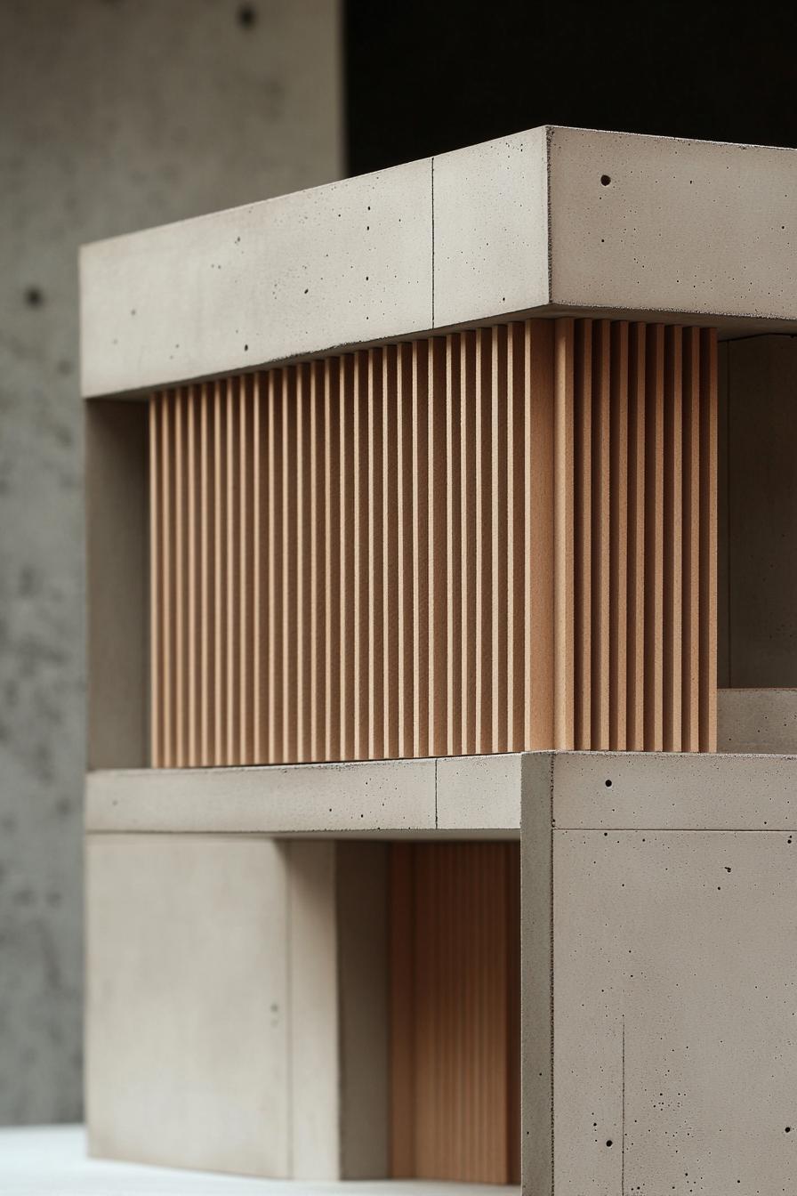 concrete and wood house architecture model geometric concrete facade with slatted wood panels