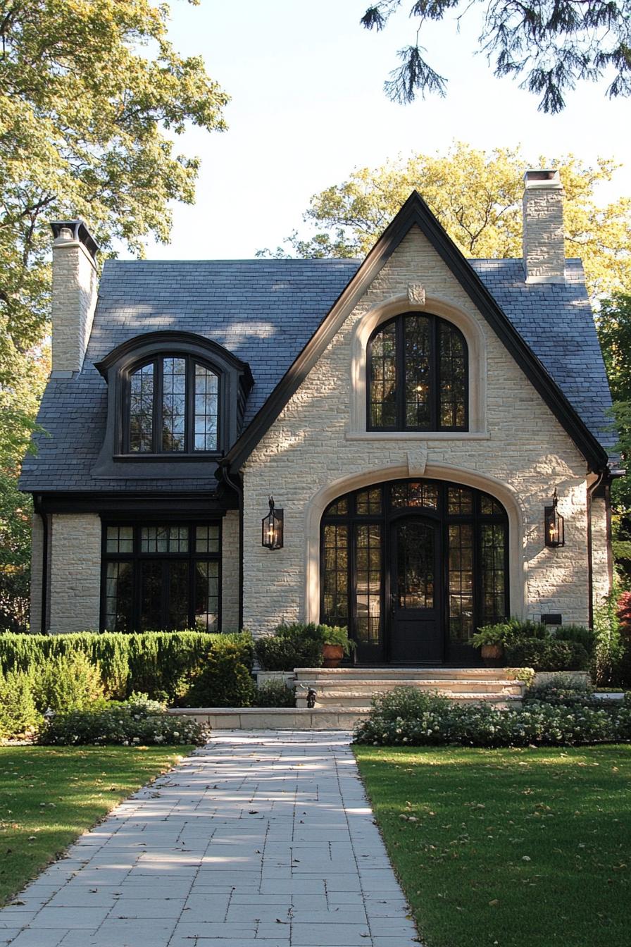 contemporary french cottage style house with multiple pitch roof chimnay limestone brick siding arched modern windows with detailing arched front 1