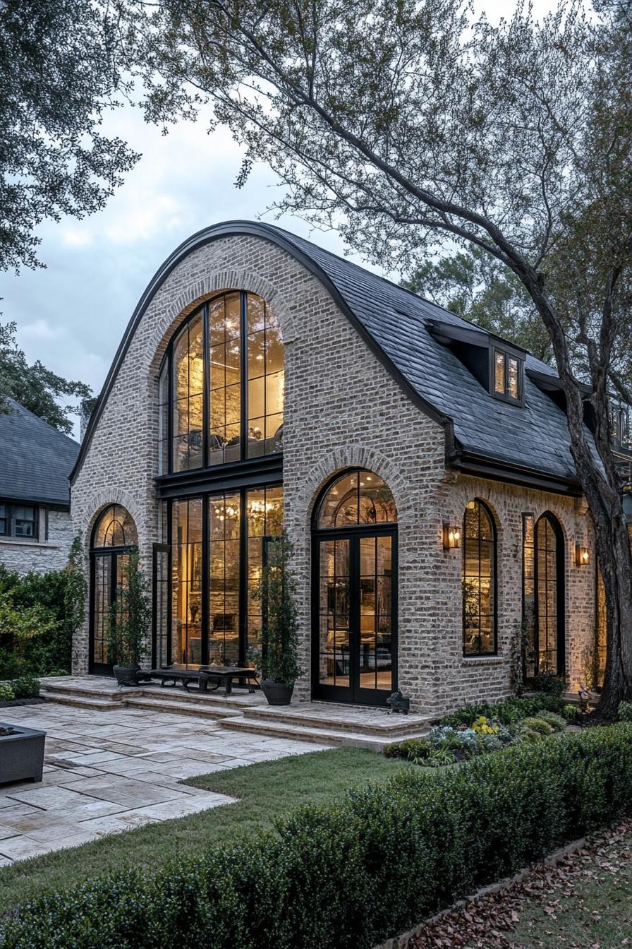 contemporary french cottage style house with multiple pitch roof chimnay limestone brick siding arched modern windows with detailing arched front 2