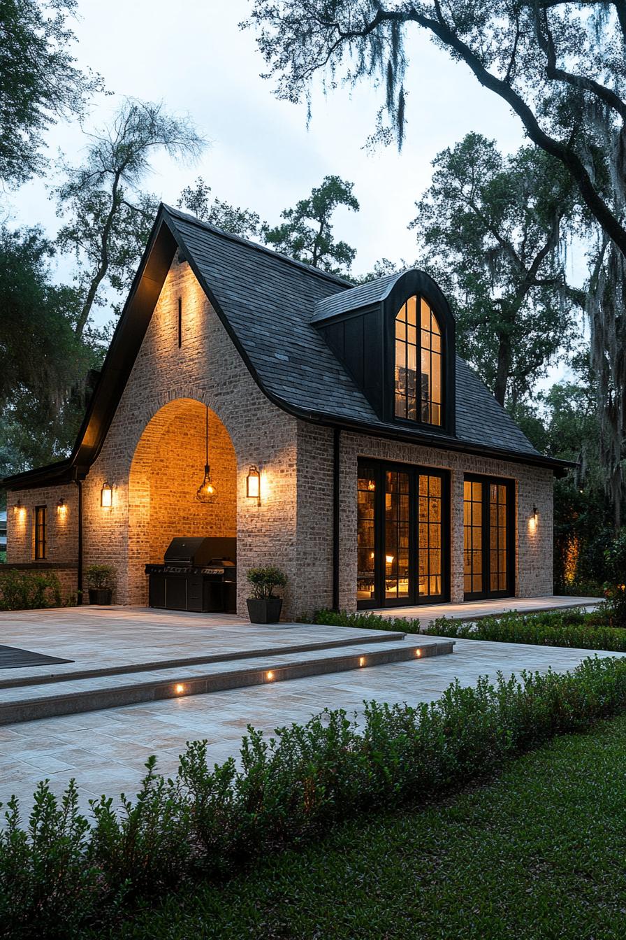 contemporary french cottage style house with multiple pitch roof chimnay limestone brick siding arched modern windows with detailing arched front 3