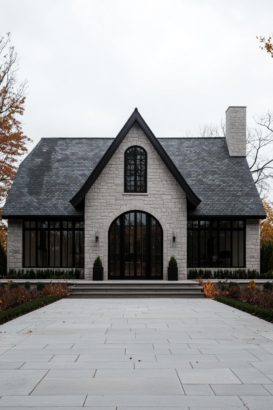 contemporary french cottage style house with multiple pitch roof chimnay limestone brick siding arched modern windows with detailing arched front