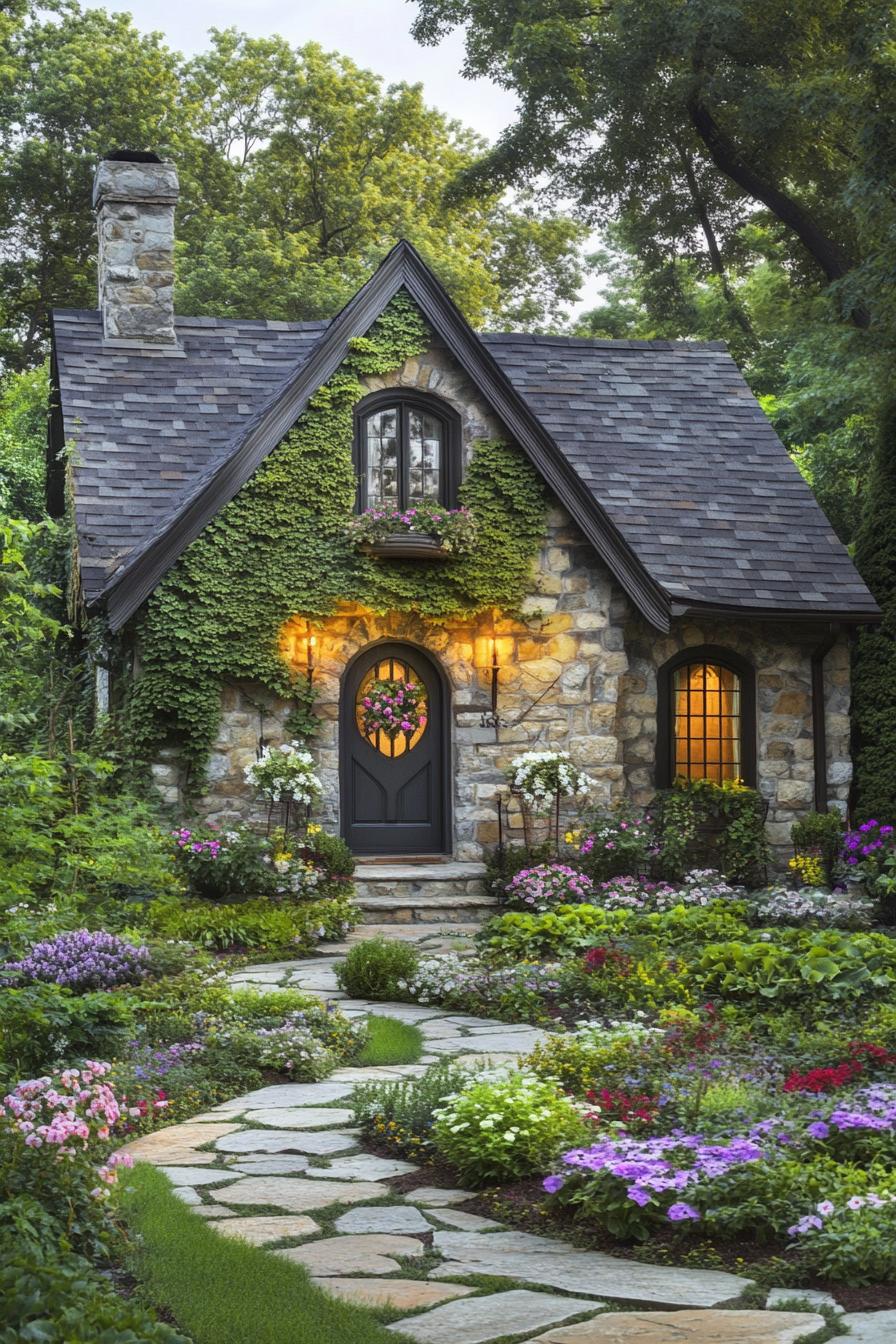 countryside English stone cottage with gables arched doorway front facade with flower vines lush garden with hardscape and stone path surrounded 1