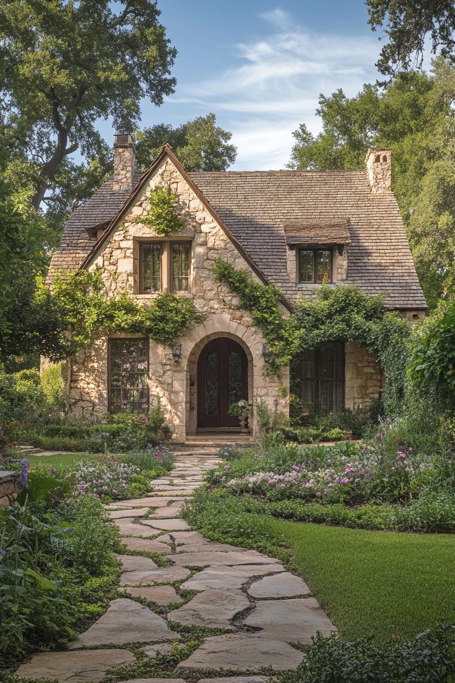 countryside English stone cottage with gables arched doorway front facade with flower vines lush garden with hardscape and stone path surrounded 2