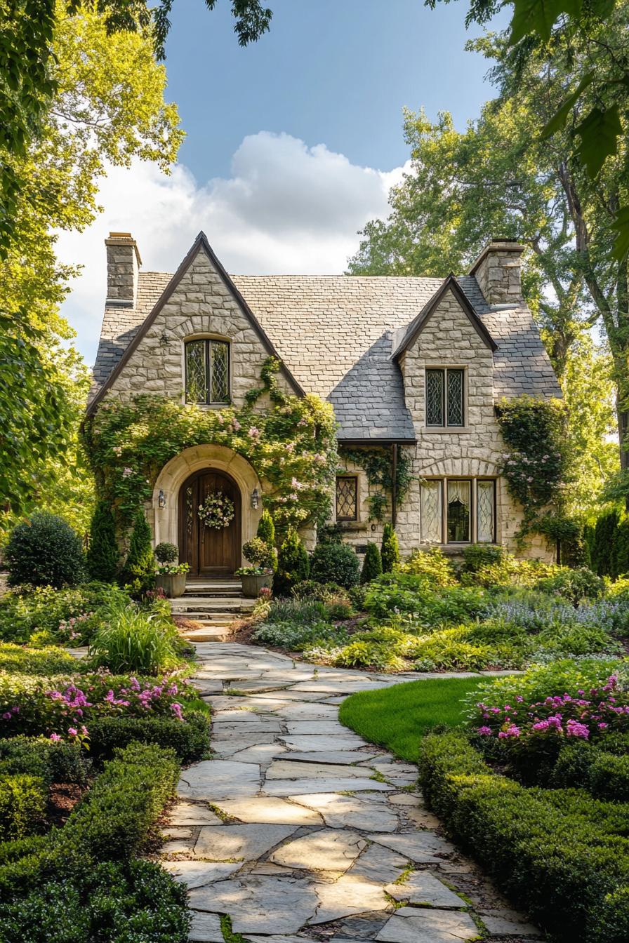 countryside English stone cottage with gables arched doorway front facade with flower vines lush garden with hardscape and stone path surrounded 3