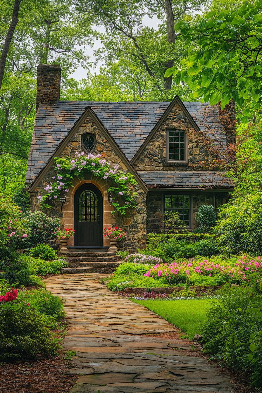 countryside English stone cottage with gables arched doorway front facade with flower vines lush garden with hardscape and stone path surrounded