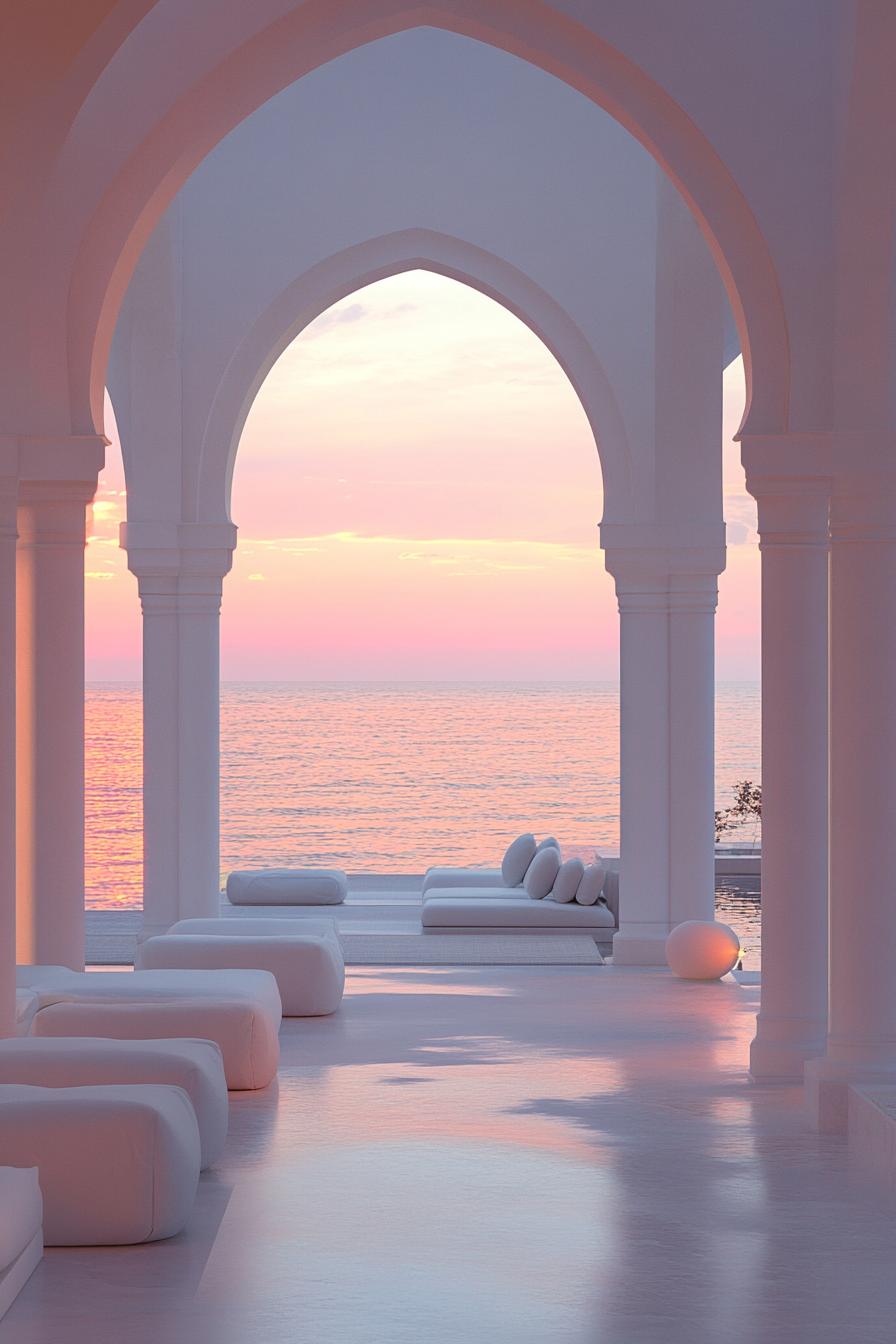 dreamscape lounge area with tall white arches and columns sea view through arches the setting sun gives a pink glow on the scene 1