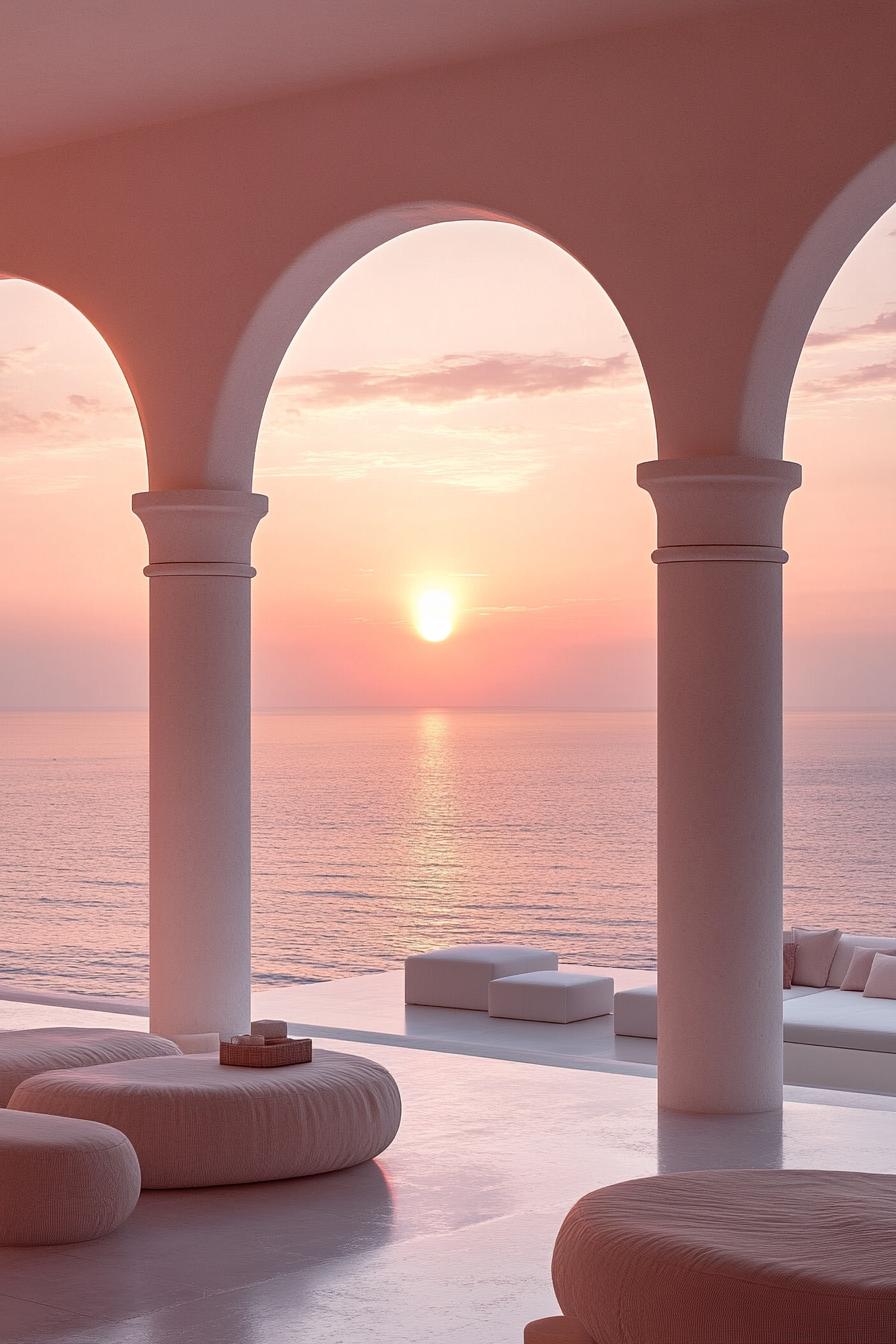 dreamscape lounge area with tall white arches and columns sea view through arches the setting sun gives a pink glow on the scene