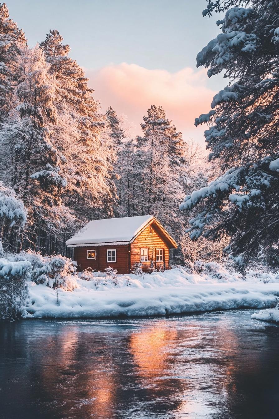 forest chalet by a river in winter with stunning snowed in forest during sunset 1