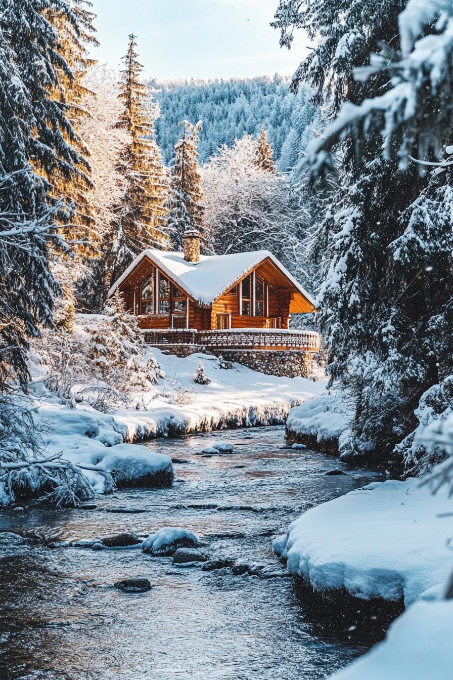 forest chalet by a river in winter with stunning snowed in forest during sunset 2