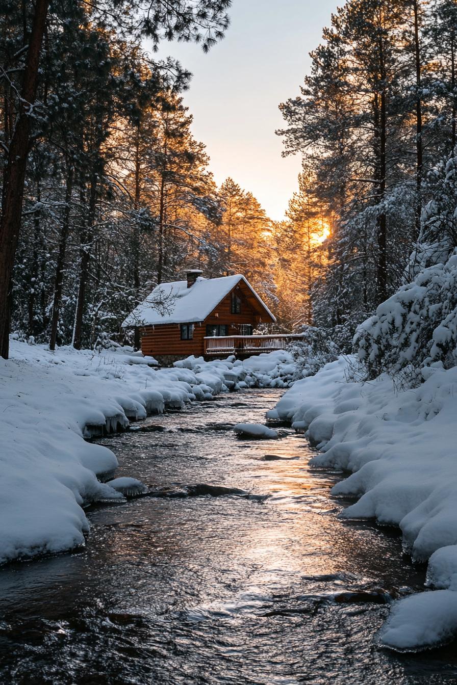 forest chalet by a river in winter with stunning snowed in forest during sunset