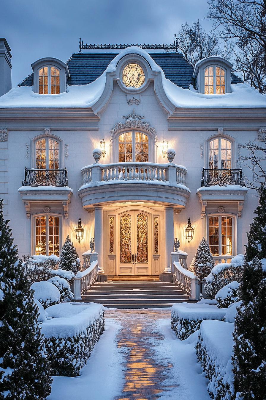 front view of a French mansion with white siding snow on roof with dormers white windows with molding and embellishments balcony with white ornate 1