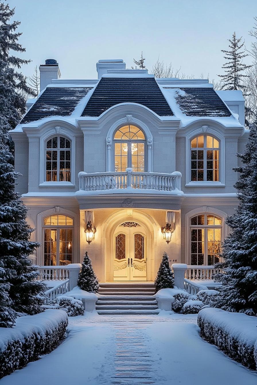 front view of a French mansion with white siding snow on roof with dormers white windows with molding and embellishments balcony with white ornate 2