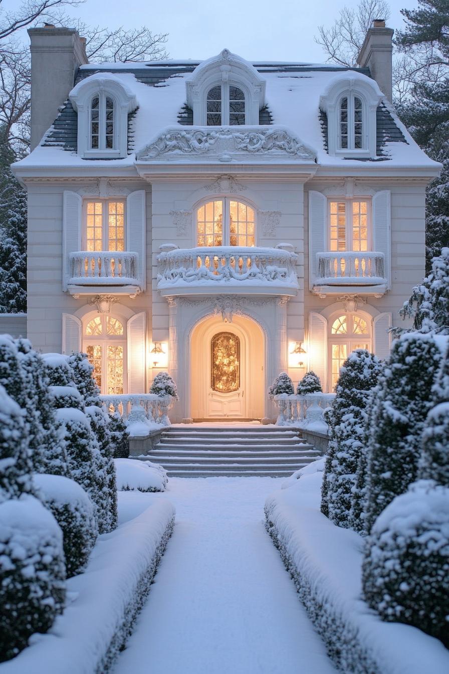 front view of a French mansion with white siding snow on roof with dormers white windows with molding and embellishments balcony with white ornate 3