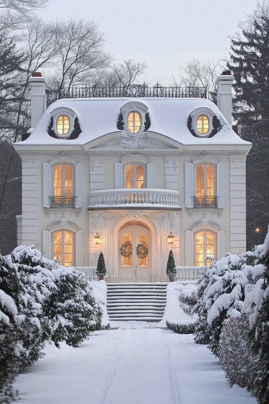 front view of a French mansion with white siding snow on roof with dormers white windows with molding and embellishments balcony with white ornate