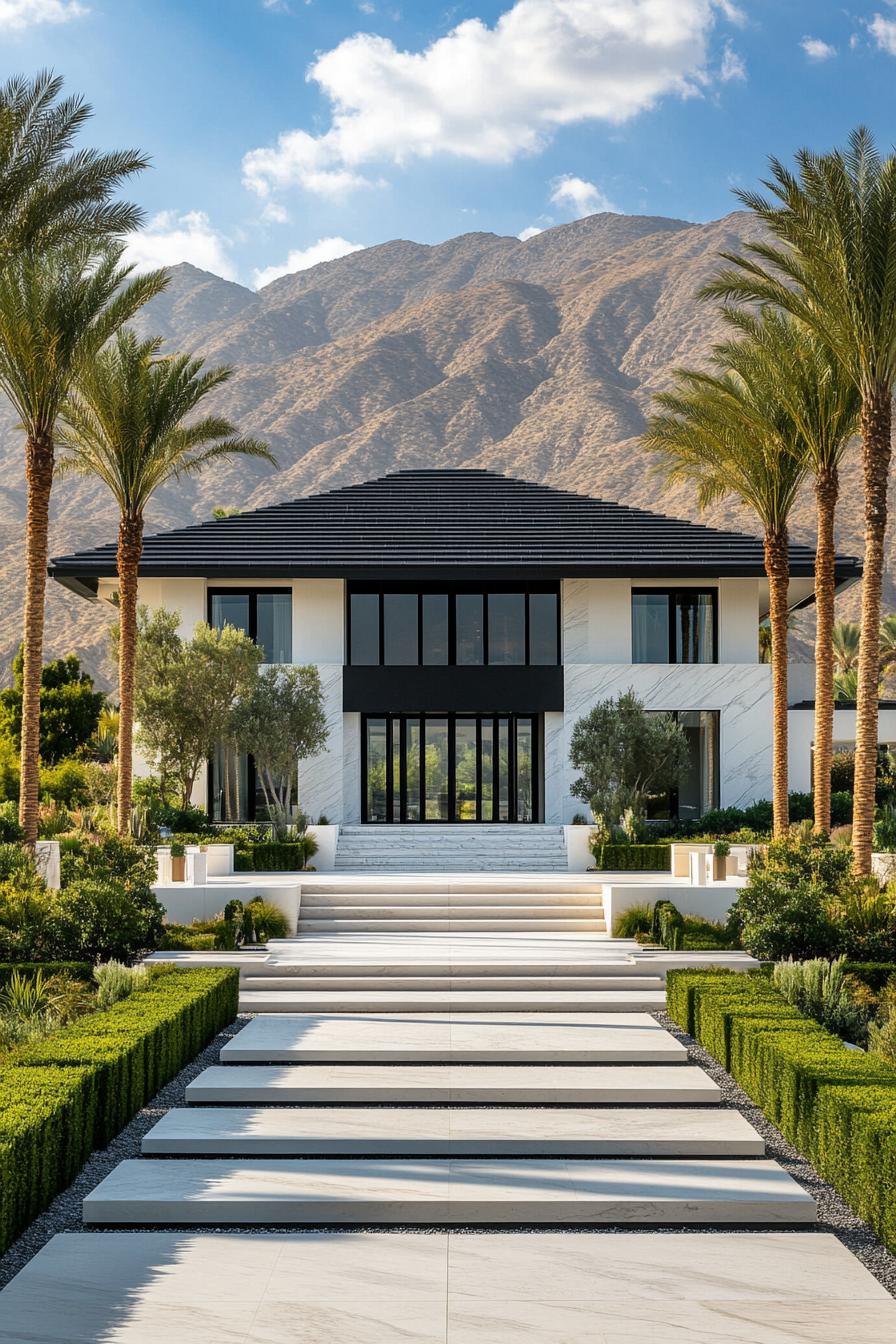 front view of a modern mansion symmetrical facade black roof with multiple pitches main entrance glass wall split level white marble siding steps 1