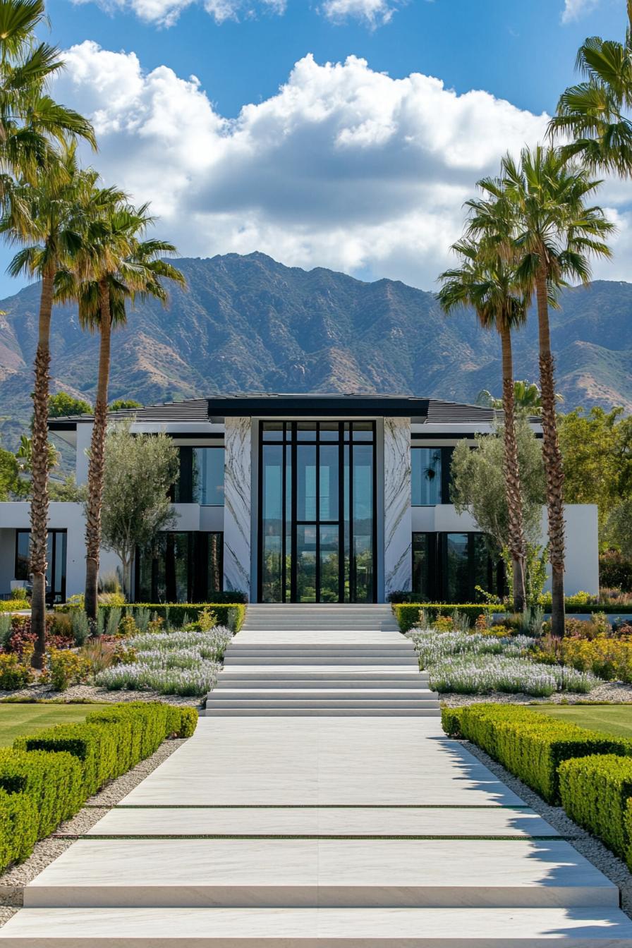 front view of a modern mansion symmetrical facade black roof with multiple pitches main entrance glass wall split level white marble siding steps 2