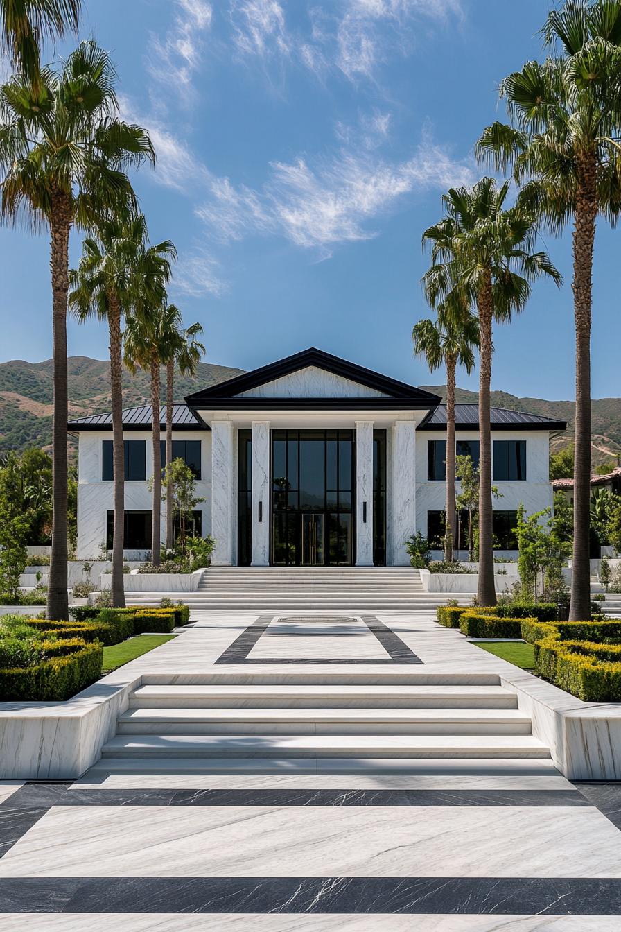 front view of a modern mansion symmetrical facade black roof with multiple pitches main entrance glass wall split level white marble siding steps 3