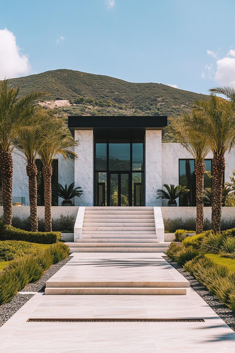 front view of a modern mansion symmetrical facade black roof with multiple pitches main entrance glass wall split level white marble siding steps