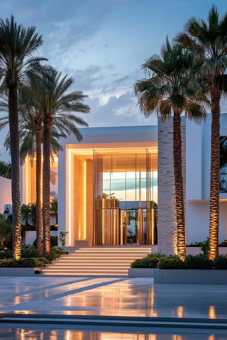 front view of a modern white house with large glass enclosed entrance stone siding columns front landscaping with tall palms and steps sunset scene 1