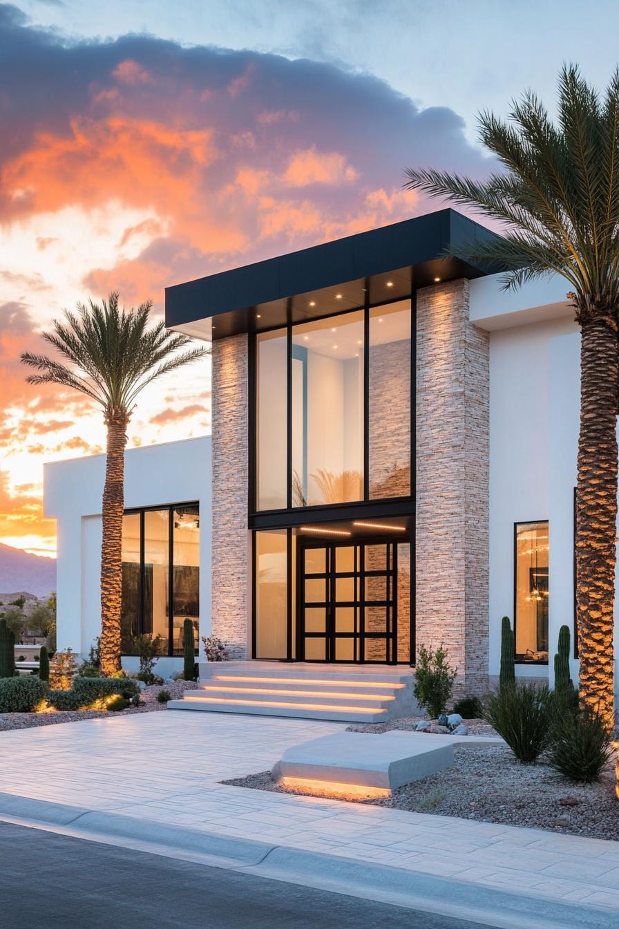 front view of a modern white house with large glass enclosed entrance stone siding columns front landscaping with tall palms and steps sunset scene 2