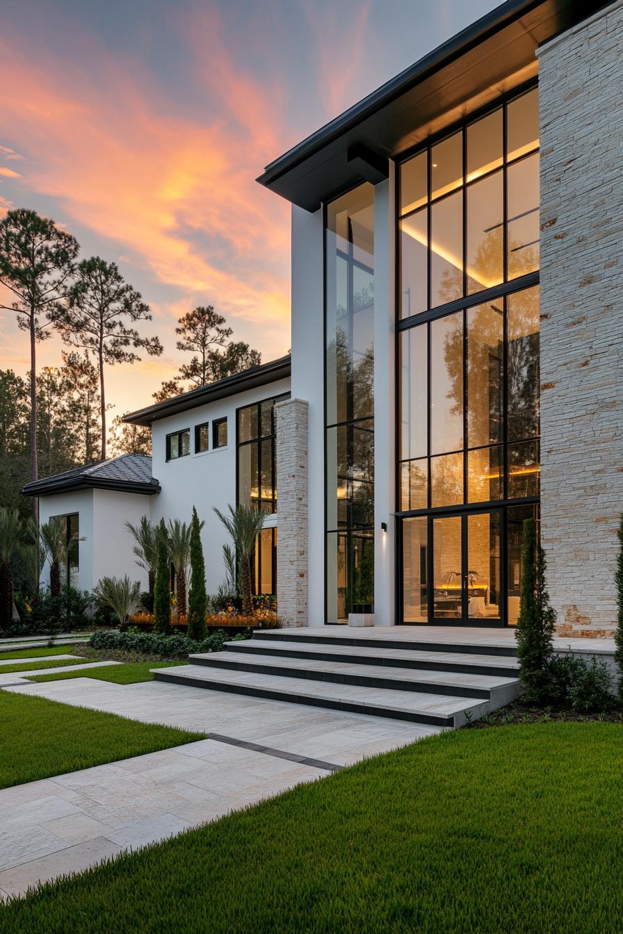 front view of a modern white house with large glass enclosed entrance stone siding columns front landscaping with tall palms and steps sunset scene 3