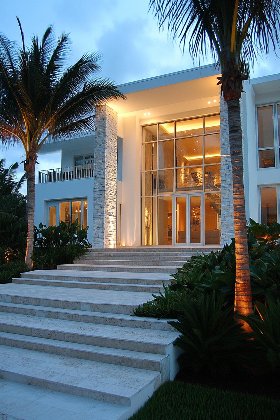 front view of a modern white house with large glass enclosed entrance stone siding columns front landscaping with tall palms and steps sunset scene