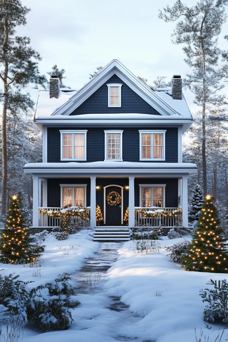 front view of a tall french cottage with dark siding and white trim and moldings roof with snow large porch with white columns front door with 1