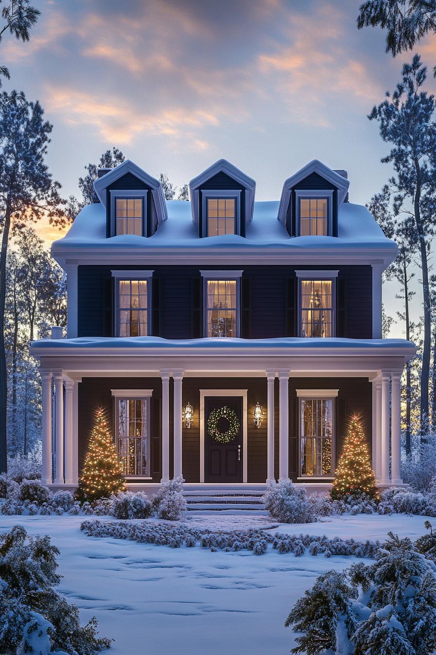 front view of a tall french cottage with dark siding and white trim and moldings roof with snow large porch with white columns front door with 2