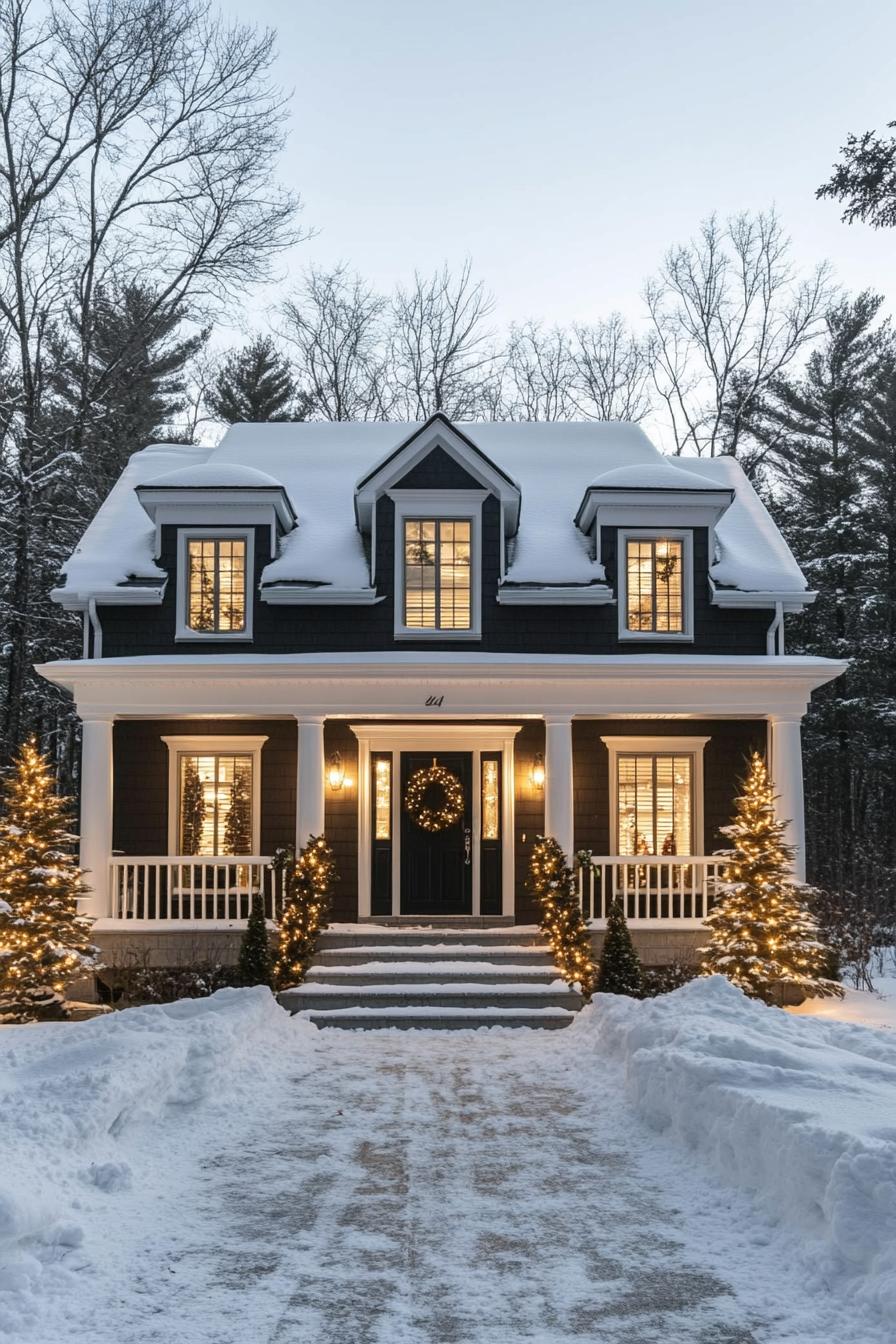 front view of a tall french cottage with dark siding and white trim and moldings roof with snow large porch with white columns front door with 3