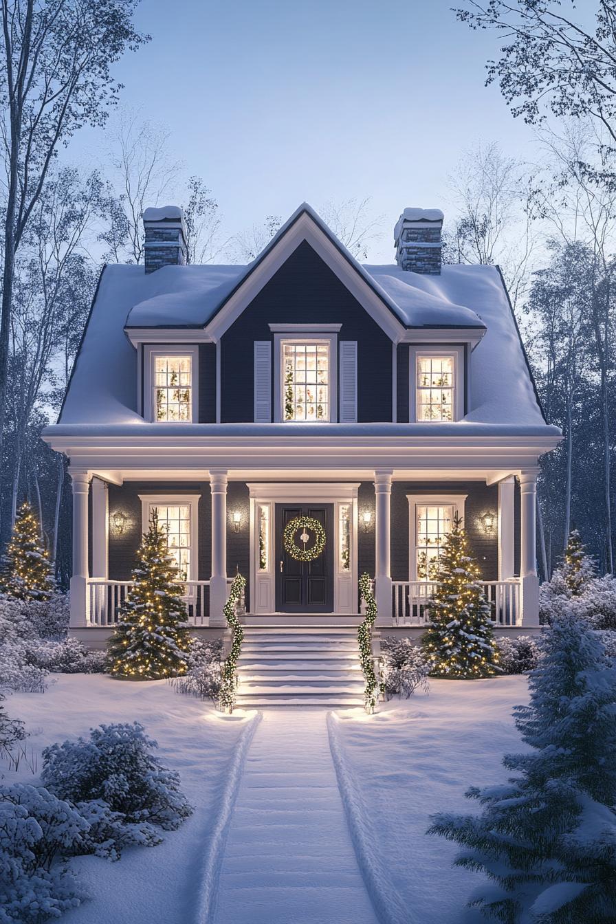 front view of a tall french cottage with dark siding and white trim and moldings roof with snow large porch with white columns front door with