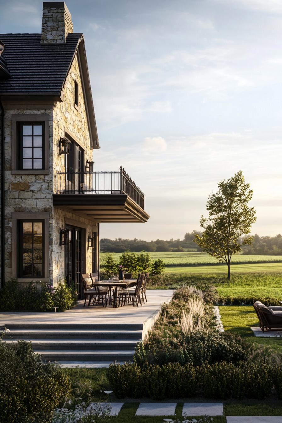 Stone house with balcony overlooking a lush field