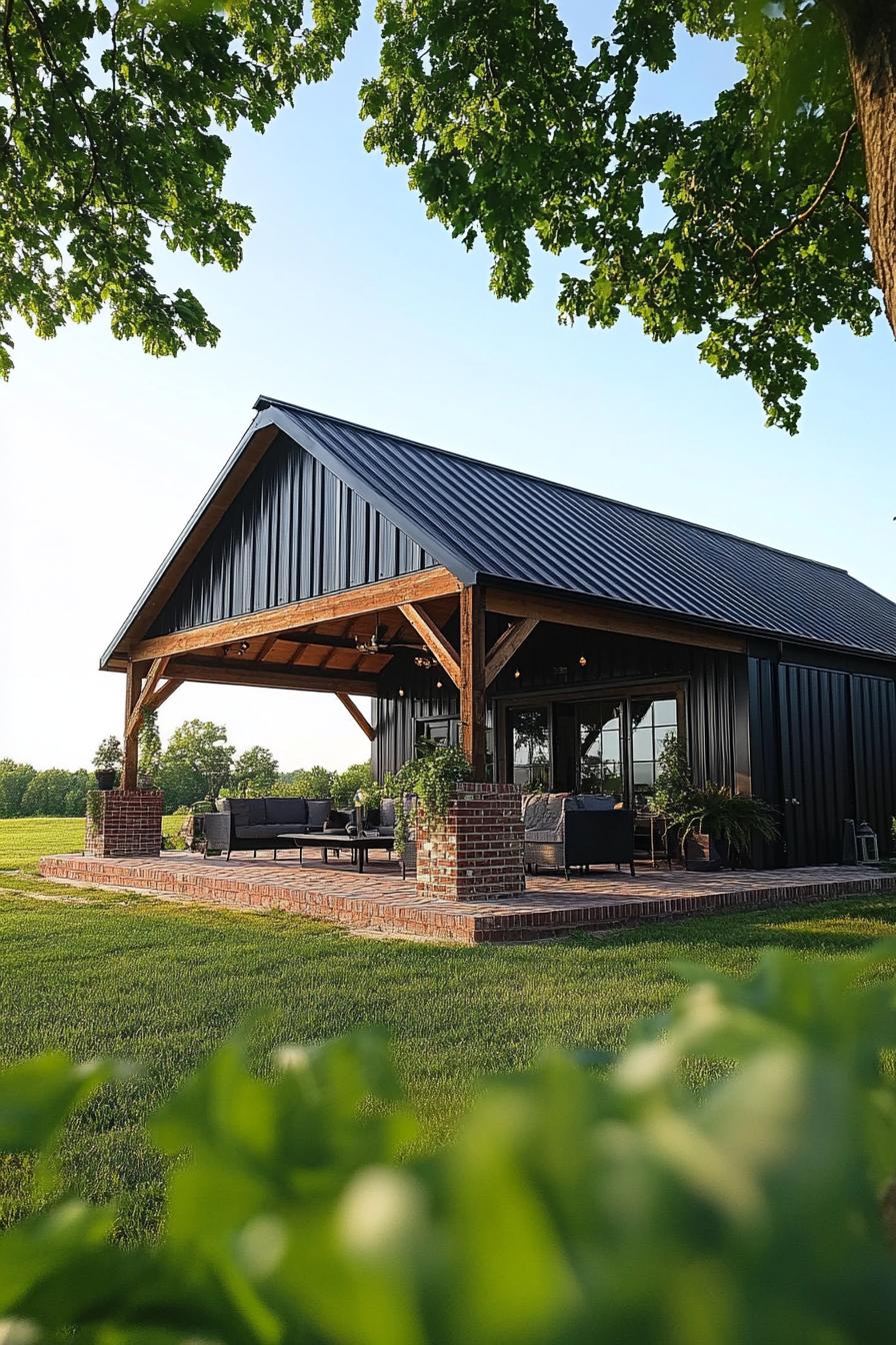 large metal shouse barndominium with porch with small roof and wooden beam posts on brick foundations outdoor furniture scenic Nordic landscape