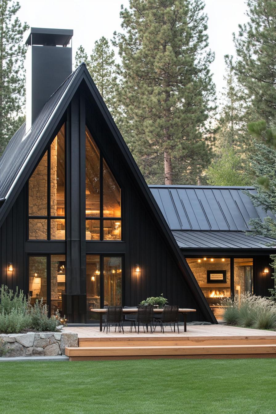 large modern cottage in black board and batten siding big black a frame metal roof with chimney large modern windows large wooden patio raised with 1