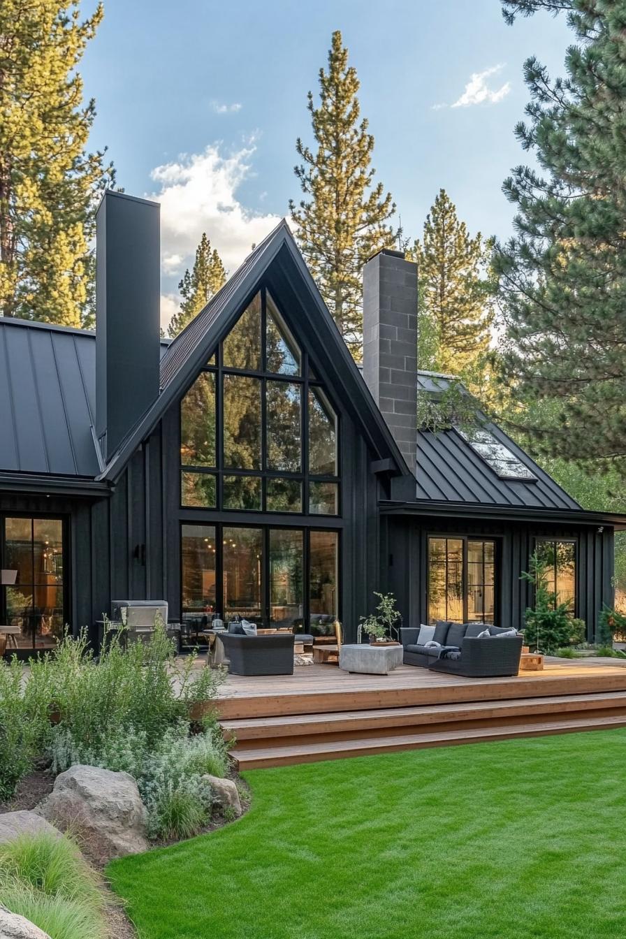 large modern cottage in black board and batten siding big black a frame metal roof with chimney large modern windows large wooden patio raised with 2