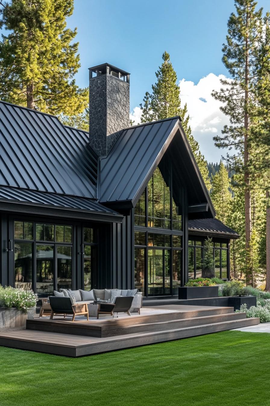 large modern cottage in black board and batten siding big black a frame metal roof with chimney large modern windows large wooden patio raised with