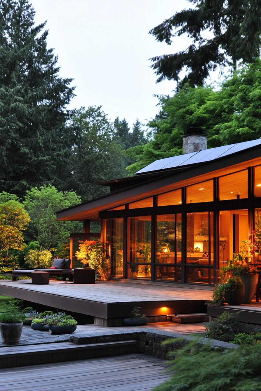 mid century modern sustainable house with sloped roof reaching the ground there are solar panels and planters on the roof large modern windows deck 1