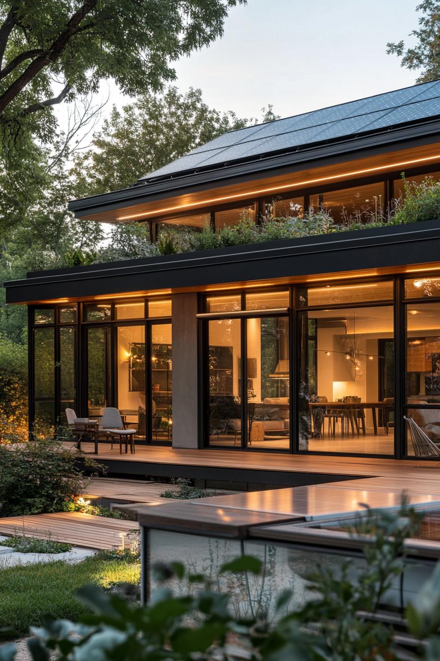 mid century modern sustainable house with sloped roof reaching the ground there are solar panels and planters on the roof large modern windows deck 2