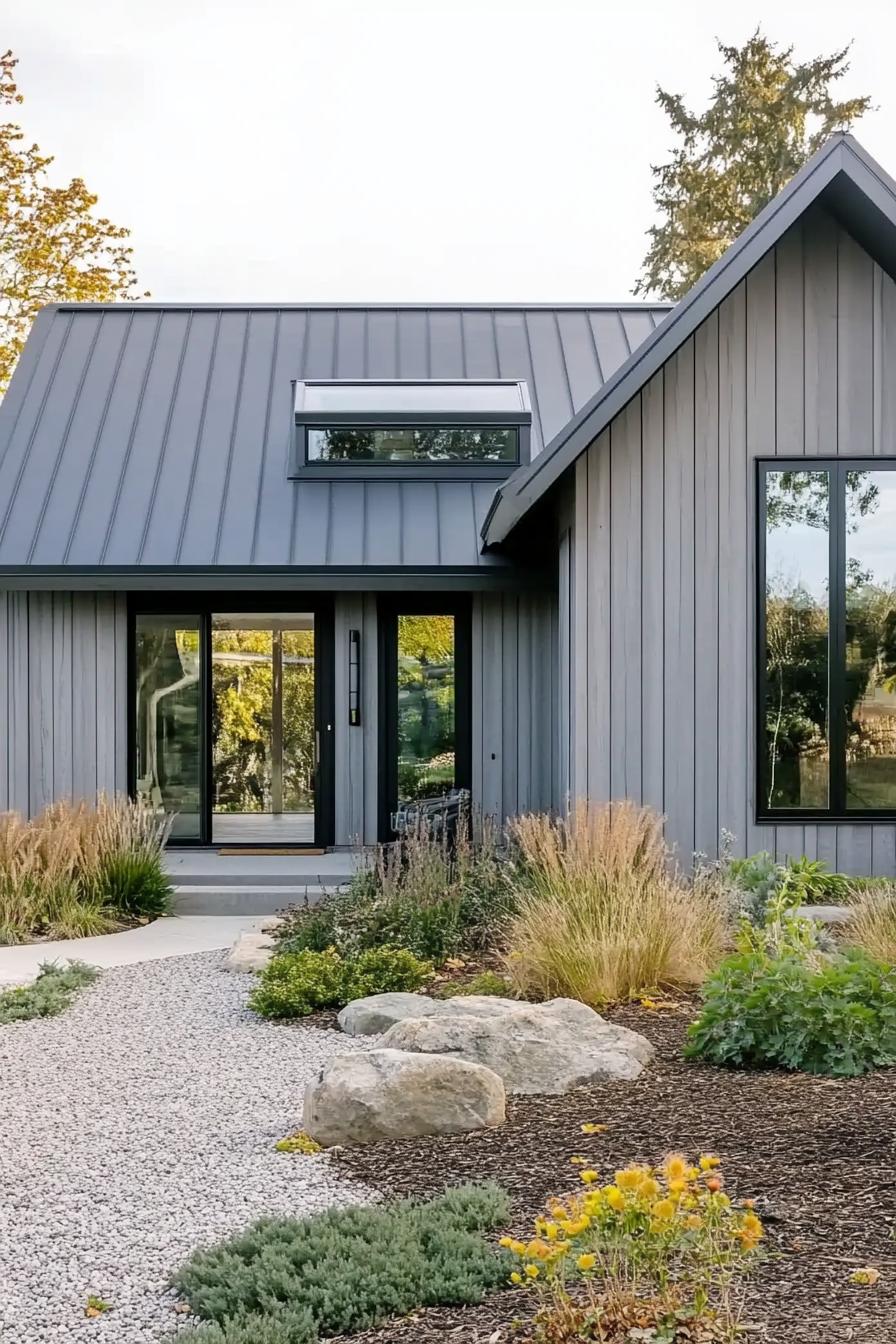 Modern house with gray siding and metal roof, surrounded by minimalist landscaping