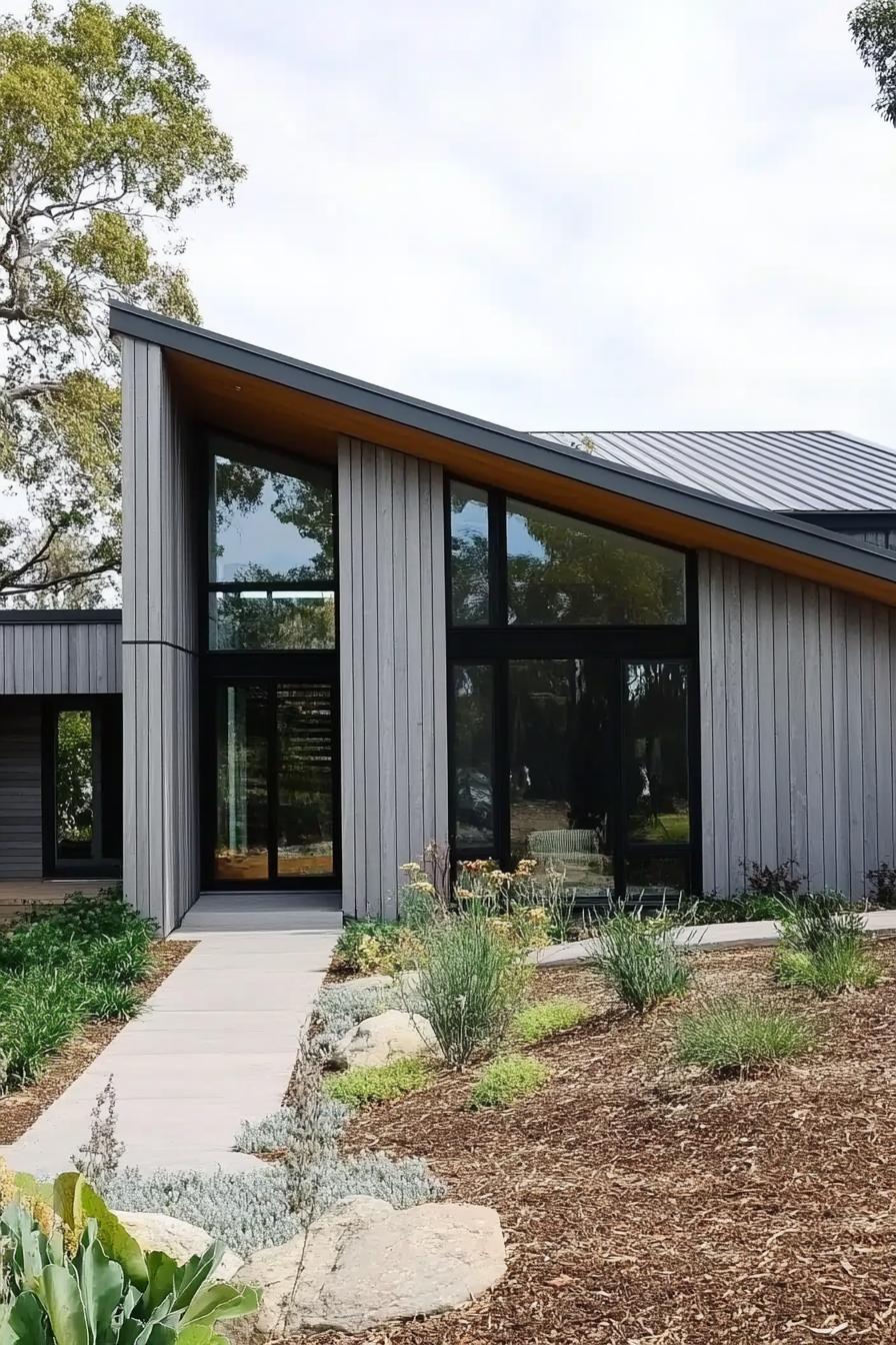 Modern house with large windows and a slanted roof surrounded by greenery