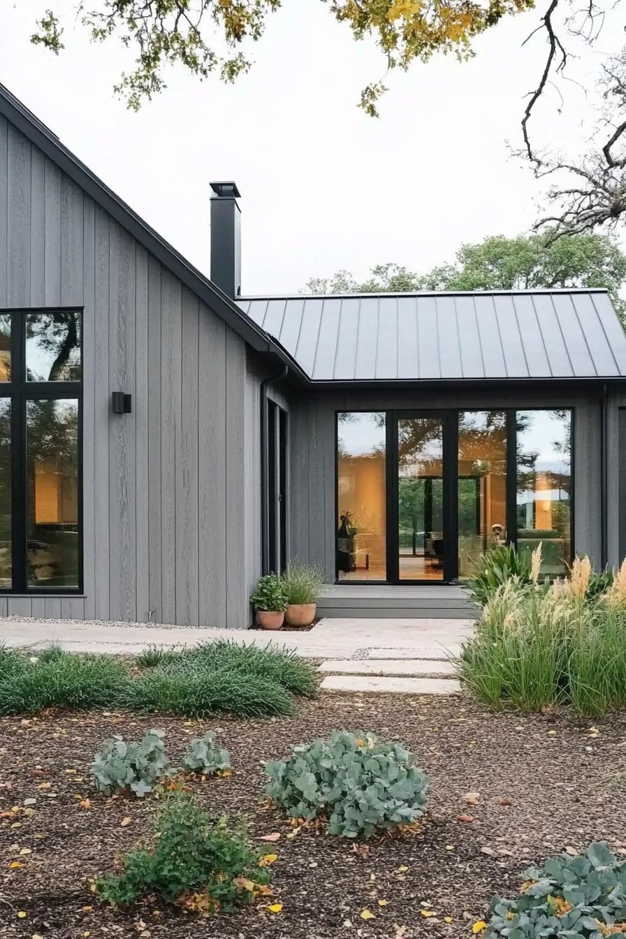 Modern Scandinavian house with gray facade, large windows, and lush greenery