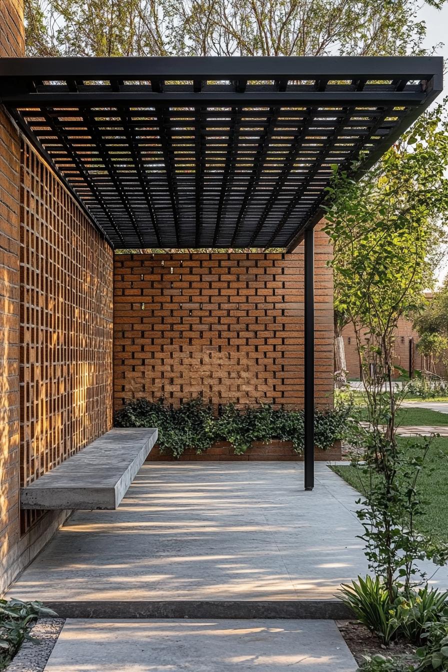 A chic brick façade with a modern metal canopy and lush greenery